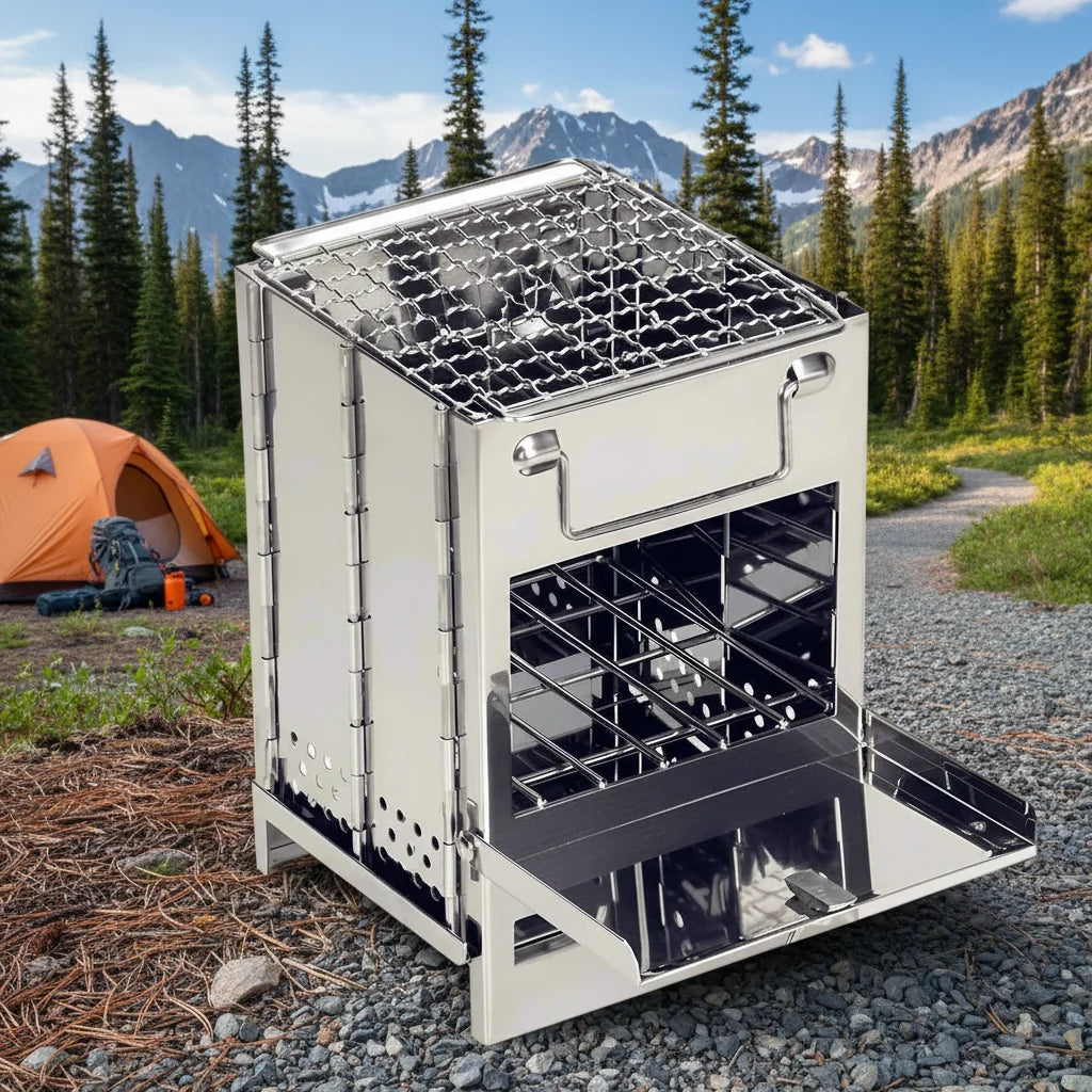 Camping Stove, Portable Wood Burning Stove, Outdoor Wood Stove in Stainless Steel, Foldable Camping Cooker_00