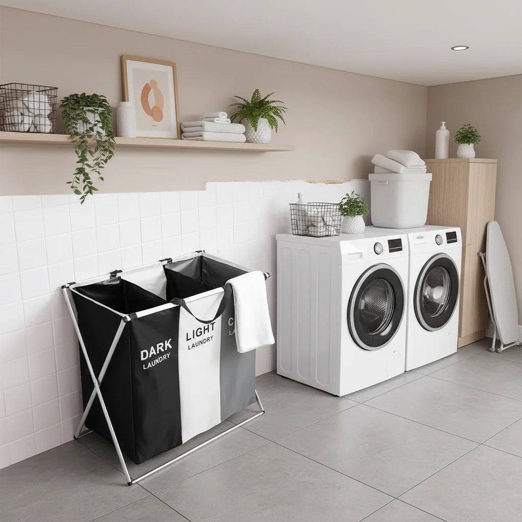 Laundry Basket 3 Compartment, Collapsible Laundry Basket Sorter, Washing Basket, Foldable Laundry Hamper_01