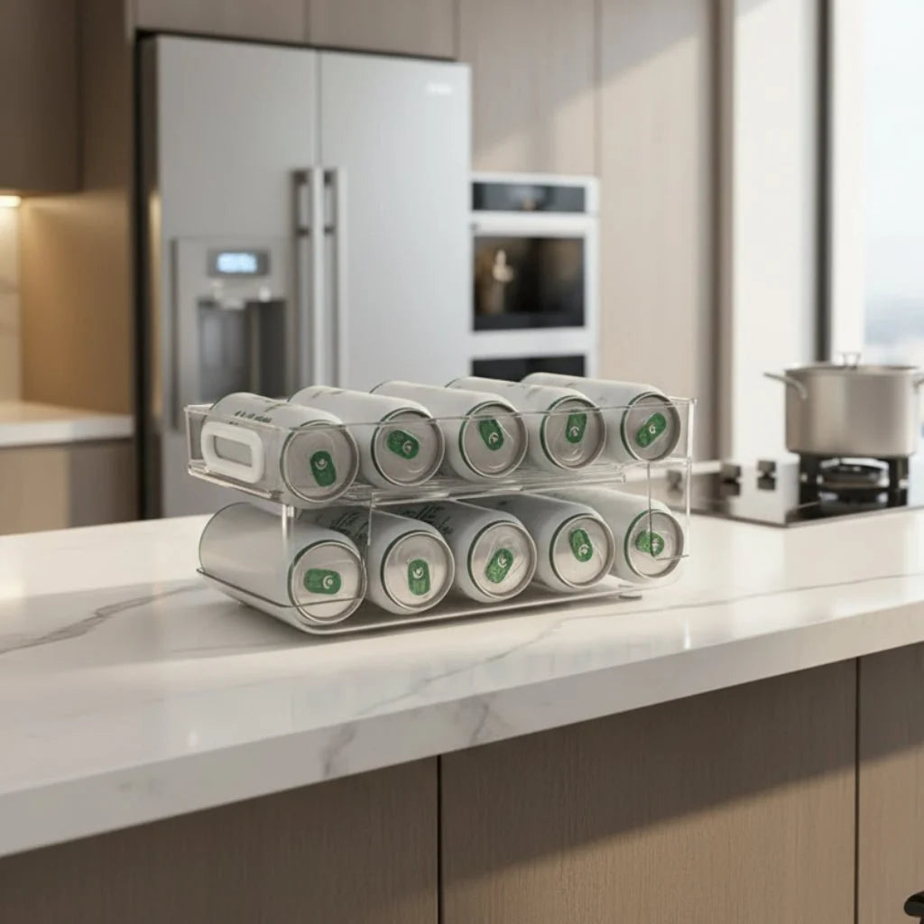 Fridge Can Dispenser, 2 Tier Rolling Can Holder for Drinks, Beverage Can Dispenser, Fridge Organiser for Kitchen Storage