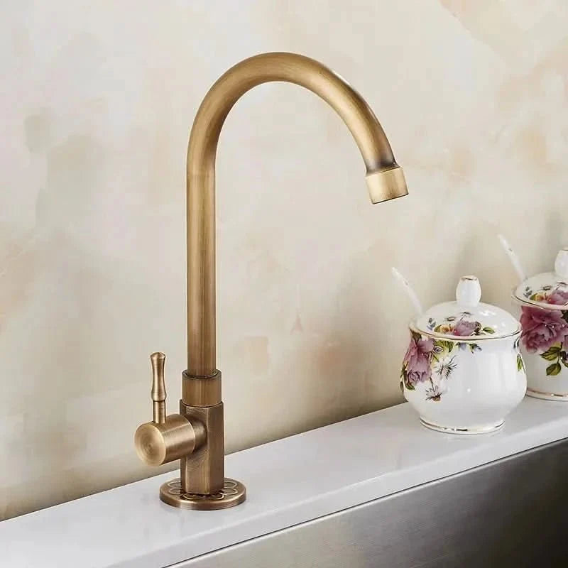 Antique Brass Kitchen Tap, Swan Neck Kitchen Sink Tap, Bathroom Tap, Single Hole Faucet for Kitchen and Bathroom_00