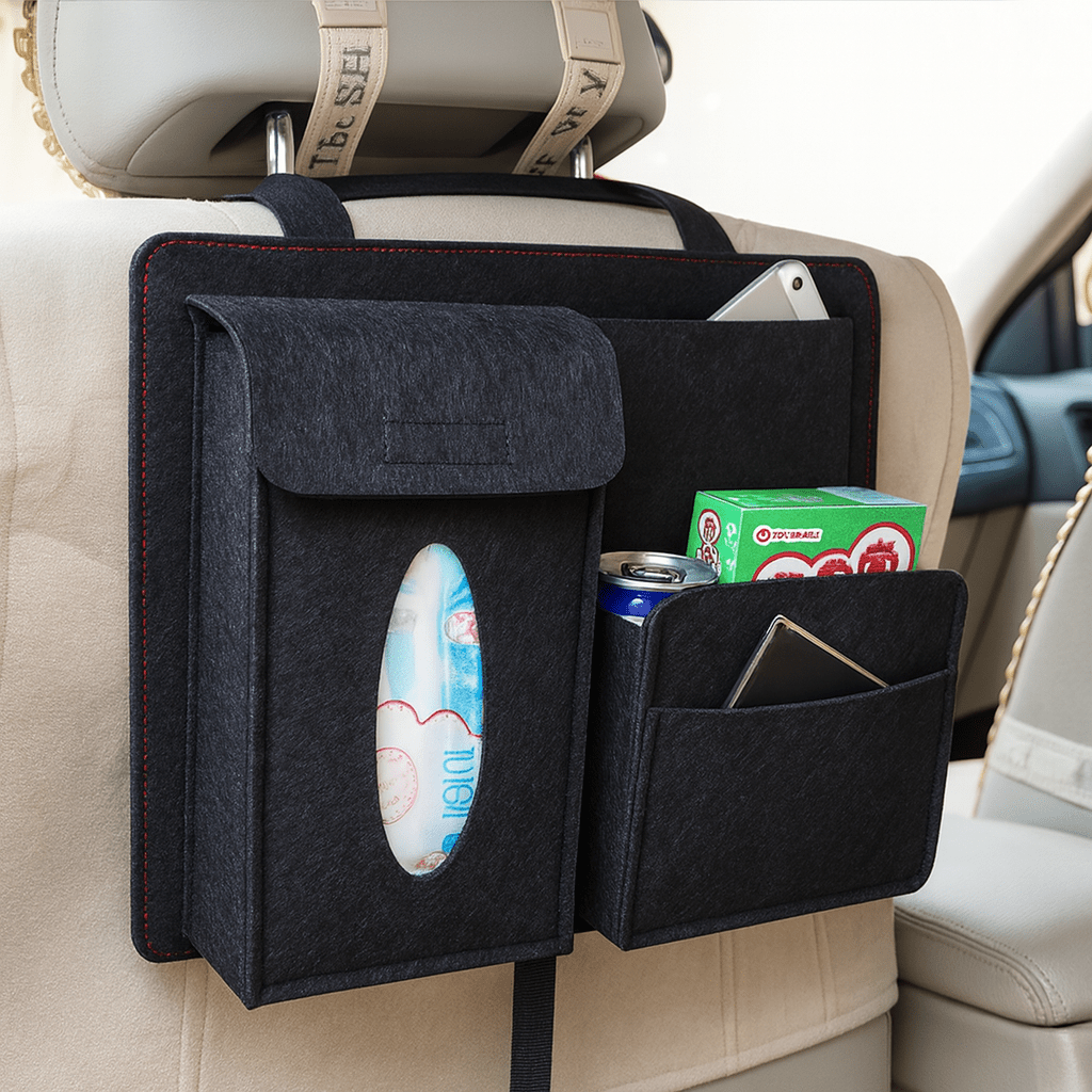 Car Seat Organiser, Back Seat Organiser with 4 Pockets, Felt Car Organiser for Kids, Car Seat Back Protector_01