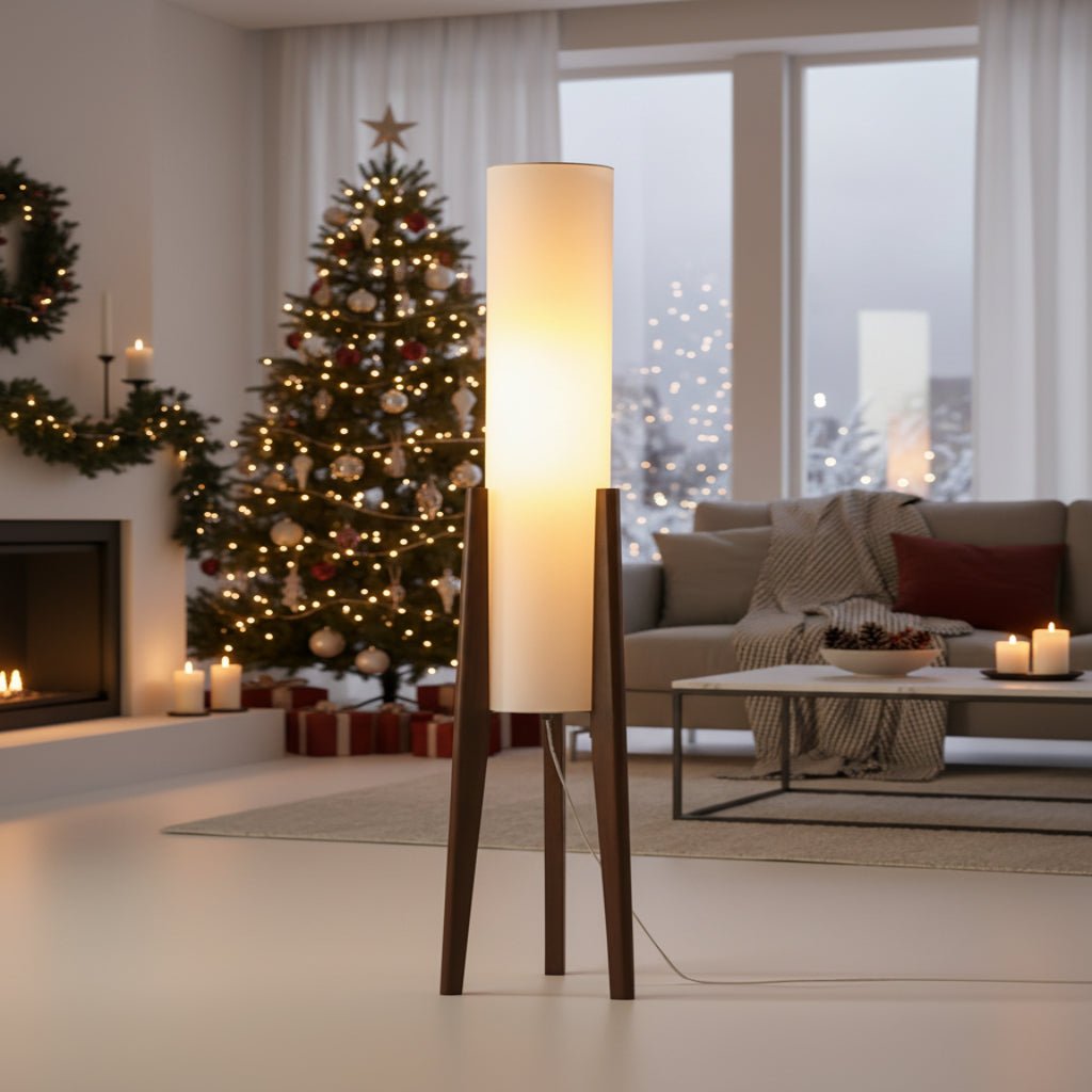 Living Room Floor Lamps, Wooden Floor Lamp with Dimmable LED Light, Scandinavian Standing Lamp with Fabric Shade