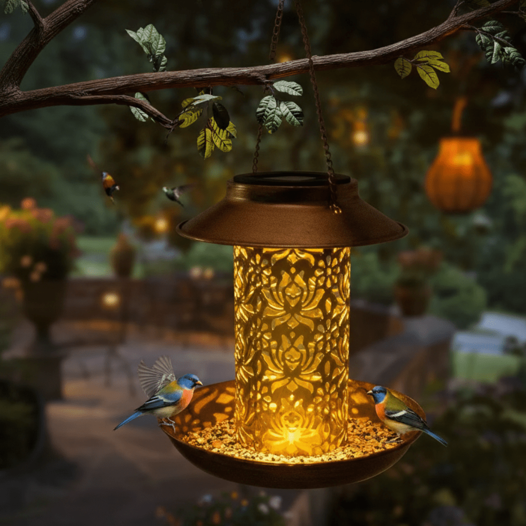 Solar Bird Feeder with LED Light, Metal Bird Feeder Station, Solar Garden Light for Patio and Balcony