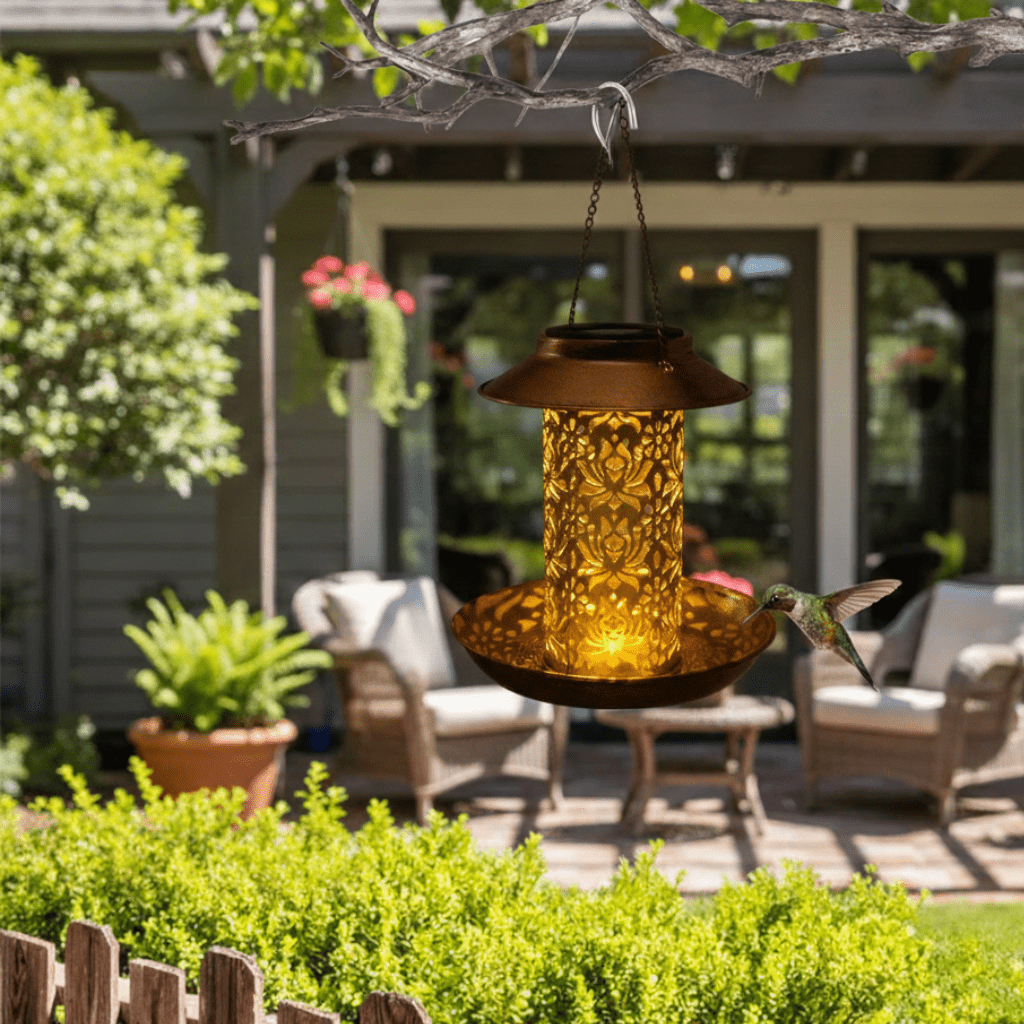 Solar Bird Feeder with LED Light, Metal Bird Feeder Station, Solar Garden Light for Patio and Balcony