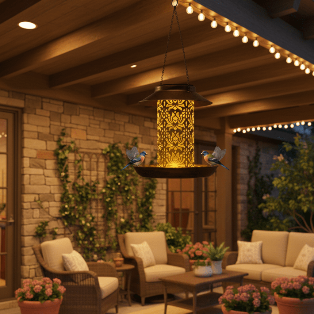 Solar Bird Feeder with LED Light, Metal Bird Feeder Station, Solar Garden Light for Patio and Balcony_02