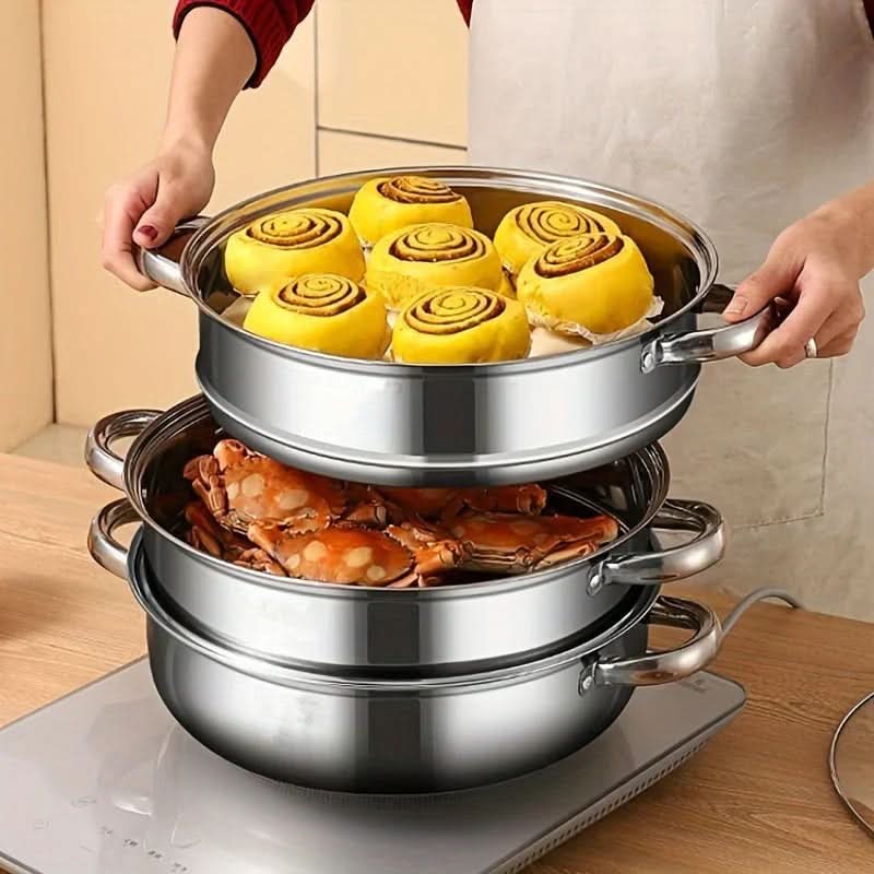 Food Steamer, 3 Tier Steamer Pot with Glass Lid, Vegetable Steamer for Induction Hob, Stainless Steel Cookware_06