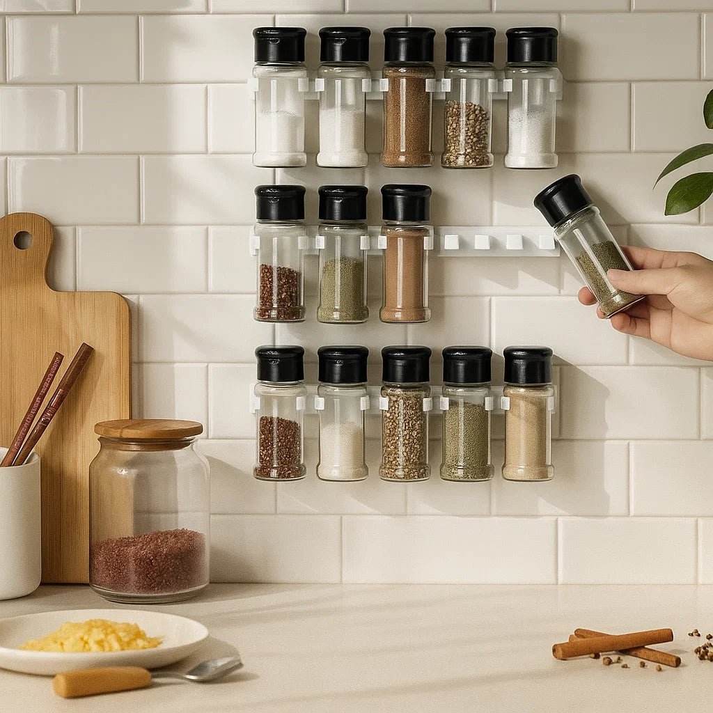 Wall Mounted Spice Rack, No Drill Spice Jar Holder and Kitchen Organiser