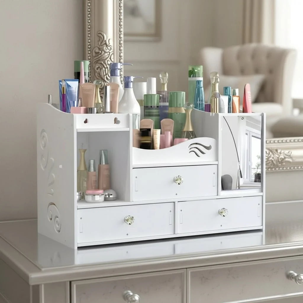 Plastic Storage Box for Makeup and Jewellery, Cosmetics Organiser, White Makeup Storage Box, Large Makeup Organiser