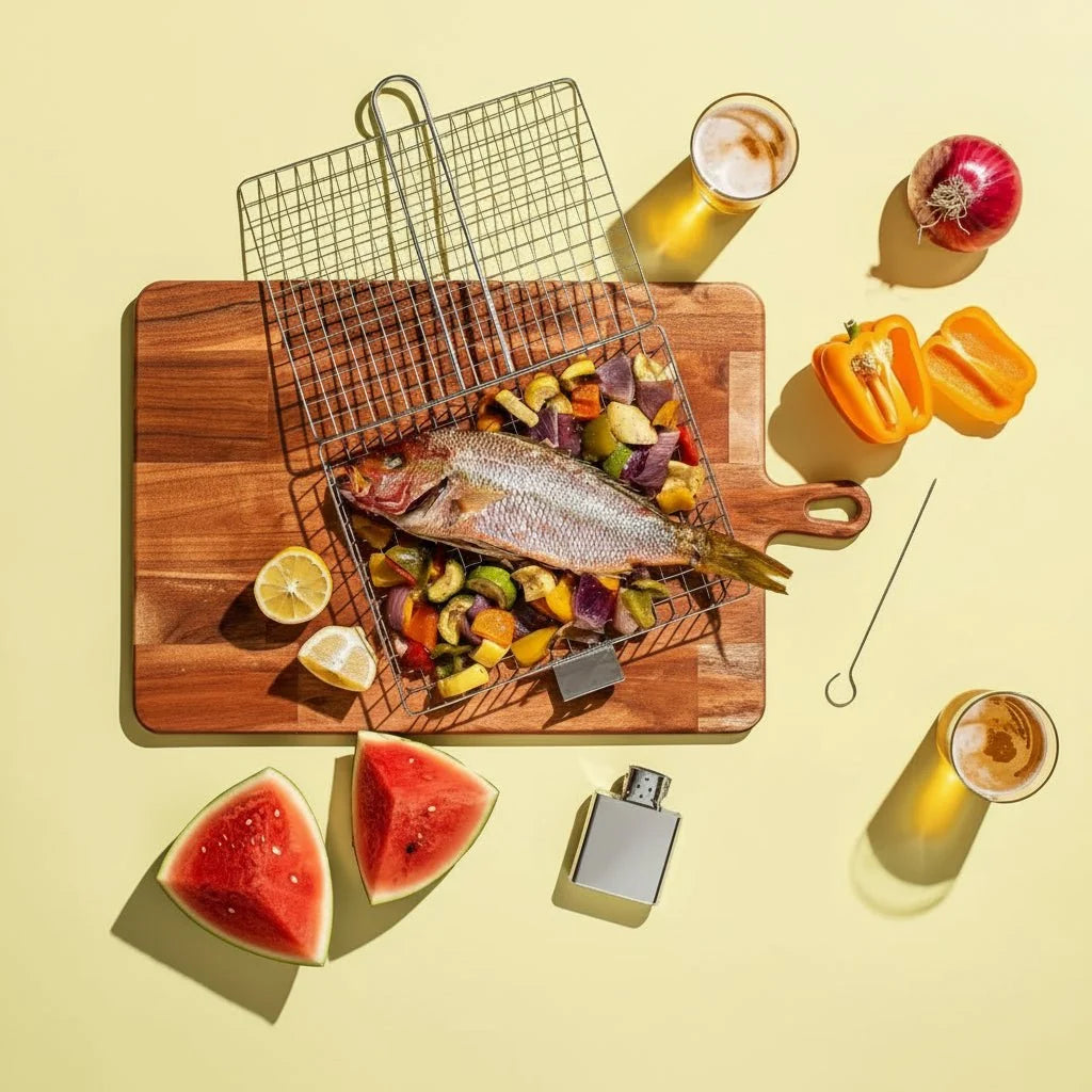 BBQ Grill Basket in Stainless Steel, Fish Grill Basket for Vegetables, Portable Barbecue Basket, BBQ Accessories_02