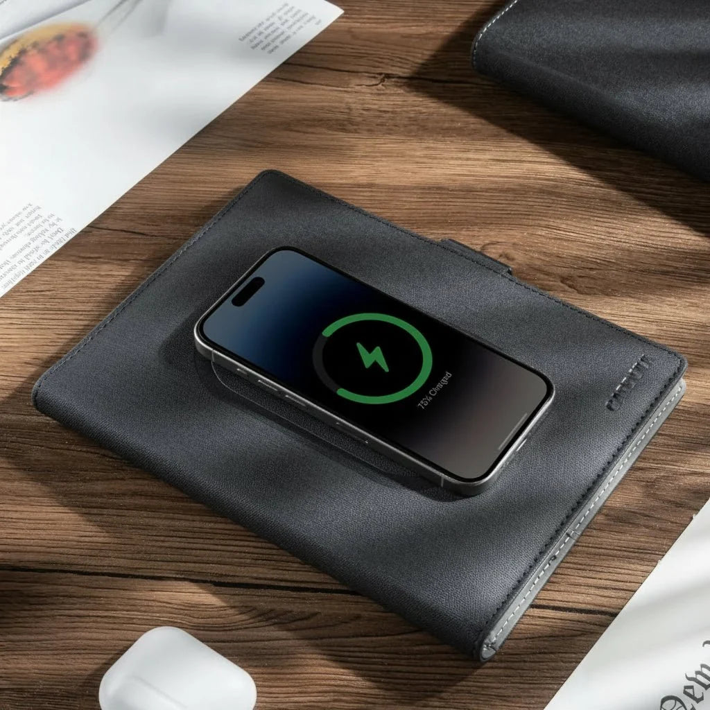 A5 Notebook with Wireless Charging, PU Leather Notebook Cover with Pen Holder, Refillable Notebook, A5 Folder_01