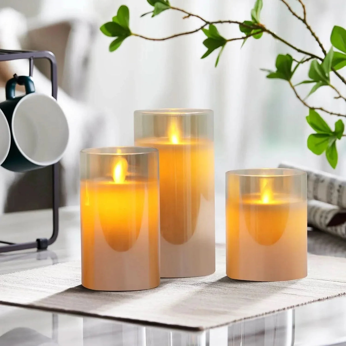 Battery Candles Set of 3, Fake Candles 10 to 25 cm Tall, Battery Operated Candles in Gold, Grey or Clear for Home Decor_03