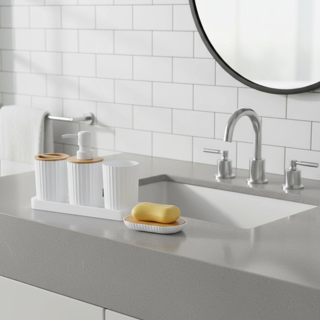 Bathroom Accessories Set, 5 Piece Bathroom Set with Soap Dispenser and Soap Dish, Toothbrush Holder with Cup and Tray_01
