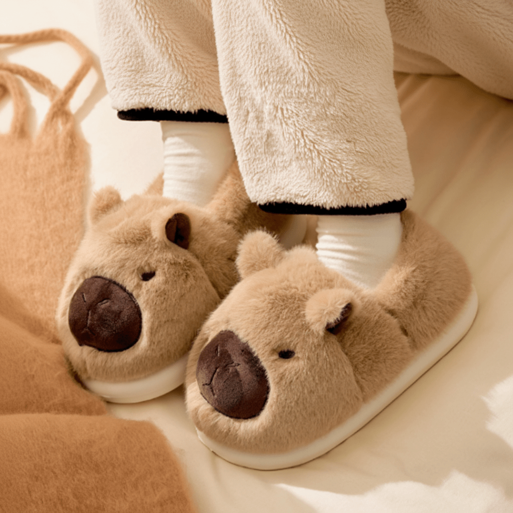 Fluffy Slippers, Capybara Slippers with Non Slip Sole, Cute Animal House Slippers for Indoor in Beige or Brown