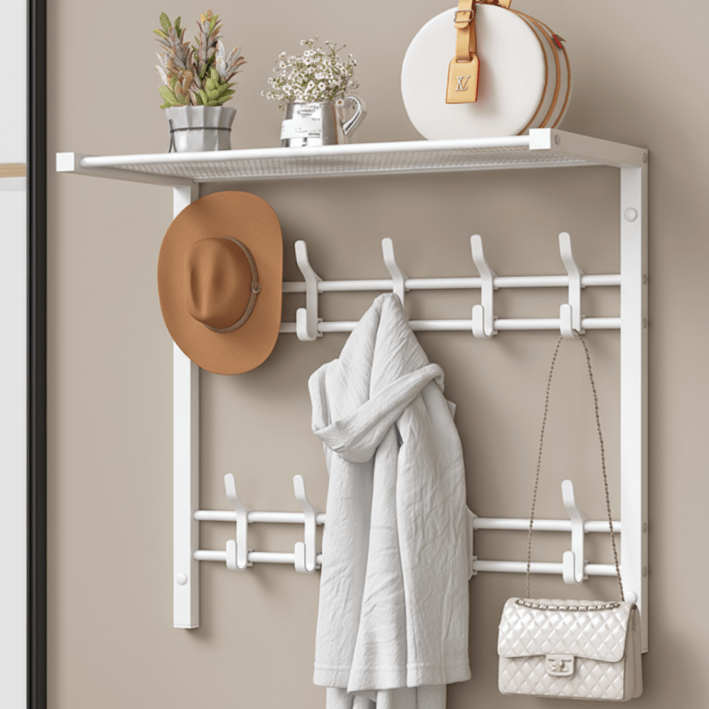 Wall Coat Rack with Shelf and Clothes Rail, Wall Shelf with Coat Hooks, Hallway Storage for Coats and Bags