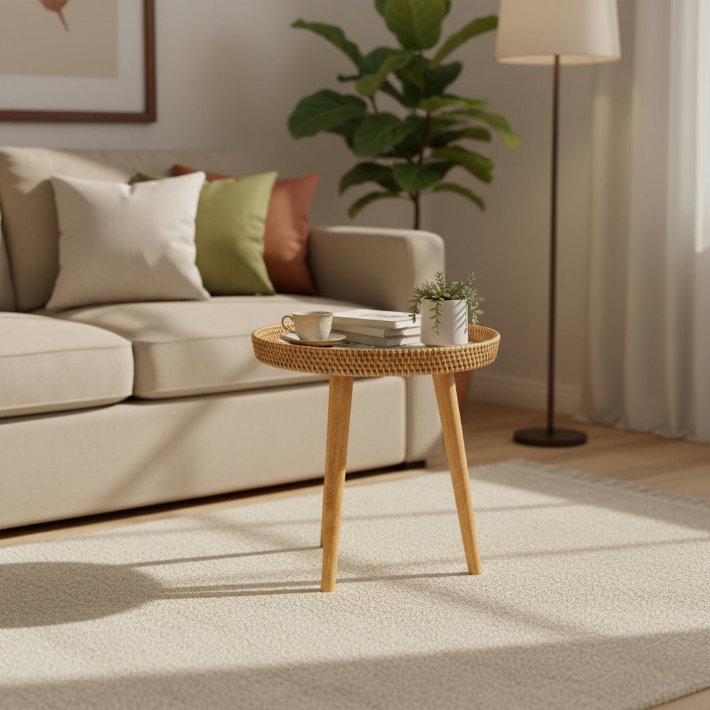 Rattan Side Table, Small Side Table Made of Wood