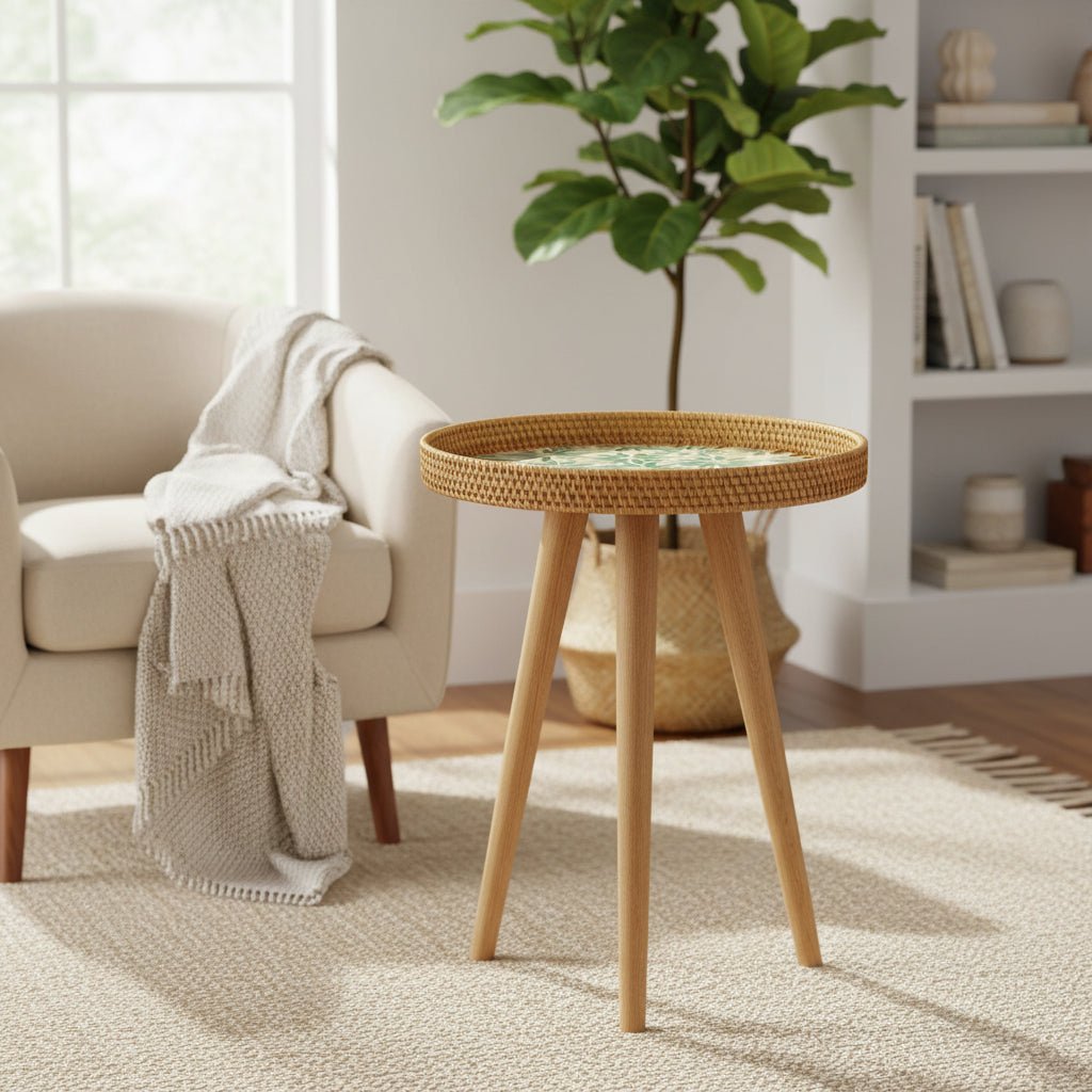 Rattan Side Table, Small Side Table Made of Wood, Scandinavian Design Rattan Furniture, Handmade Occasional Table