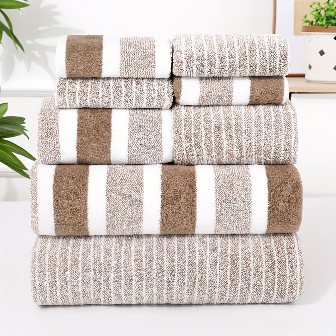 Bath Towel Set of 8, Quick Dry Striped Microfibre Towels with 2 Hand Towels and 4 Face Cloths_00