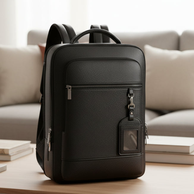 Travel Backpack with USB Charging Port, Laptop Backpack for Work in Faux Leather, Black Commuter Rucksack