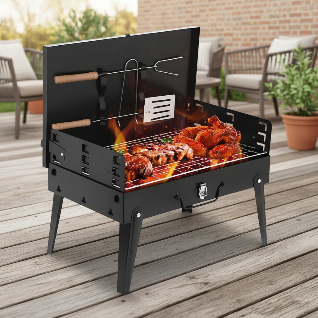 Portable BBQ for Camping and Garden, Folding Camping Barbecue in Powder Coated Steel, Small BBQ for Balcony