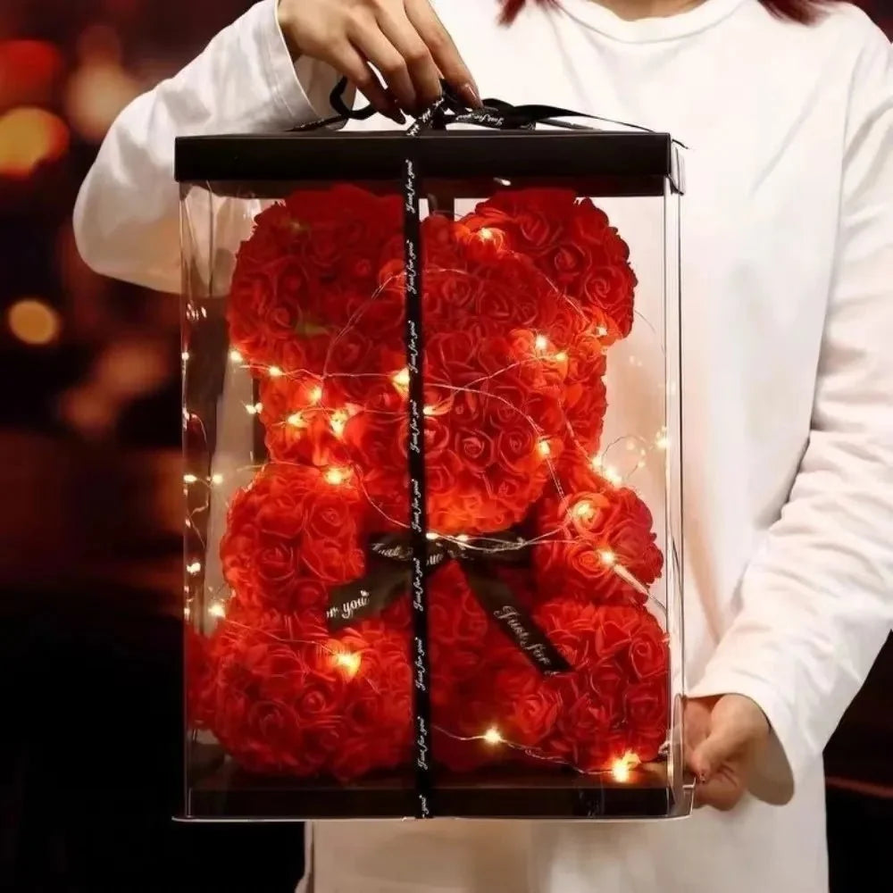 Rose Teddy Bear Gift Set with Lights, Artificial Eternal Rose Bear