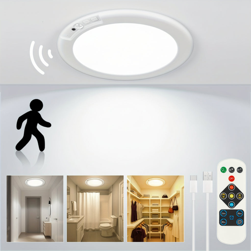 Smart Lighting | Motion Sensor Ceiling Light with Rechargeable Battery | Wireless Flush Mount Design for Effortless Illumination
