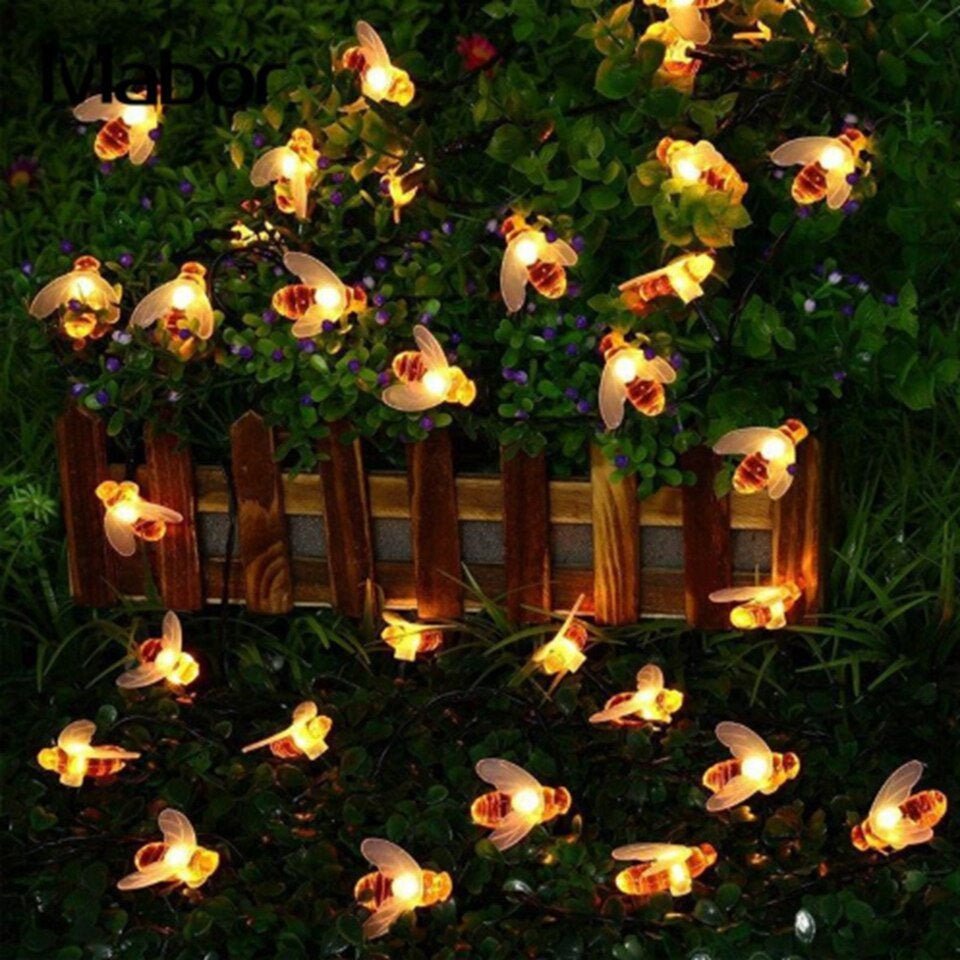 Solar Garden Lights, Outdoor String Lights with Honeybee LEDs, Solar Fairy Lights Warm White for Balcony and Patio