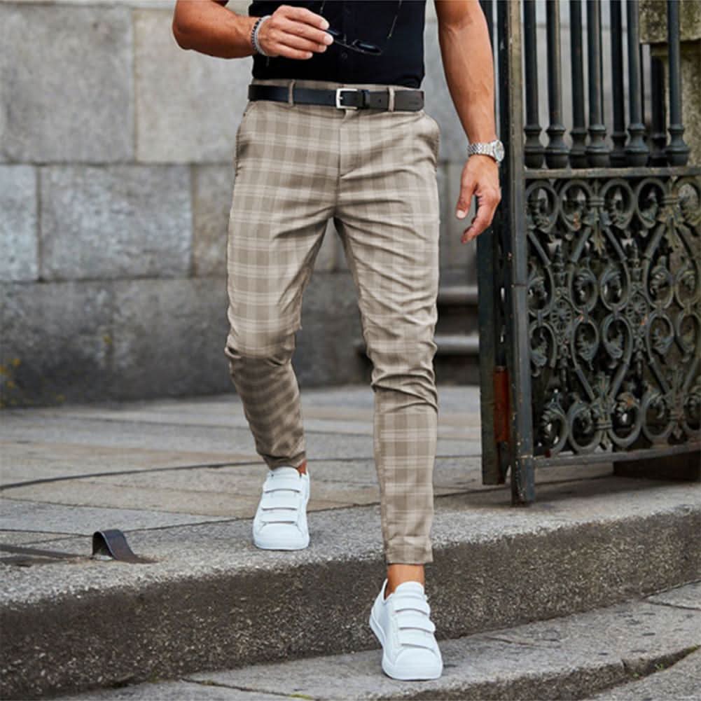 Mens Trousers, Chino Trousers Men Slim Fit, Mens Chinos with Stretch, Checked Trousers for Casual Wear