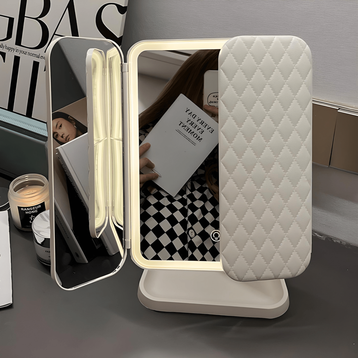 Vanity Mirror with Lights, Dressing Table Mirror with 2x and 3x Magnification, Foldable Rechargeable LED Makeup Mirror_02