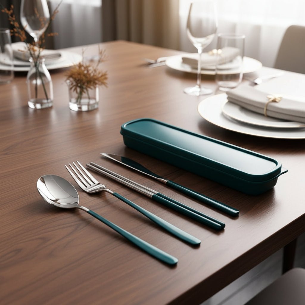 Travel Cutlery Set with Storage Bag, Stainless Steel Gold Cutlery Set, Camping Cutlery Set with Chopsticks_05