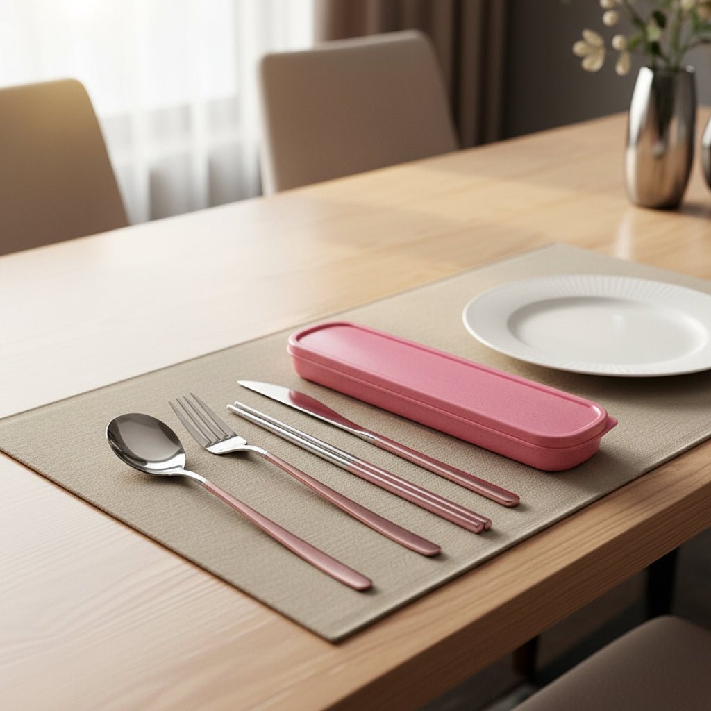 Travel Cutlery Set with Storage Bag, Stainless Steel Gold Cutlery Set, Camping Cutlery Set with Chopsticks_06