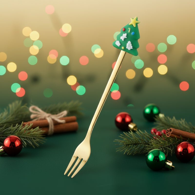 Christmas Teaspoons, Dessert Spoons, Dessert Forks, Stainless Steel Cutlery Set with Festive Tree and Santa Motifs_00