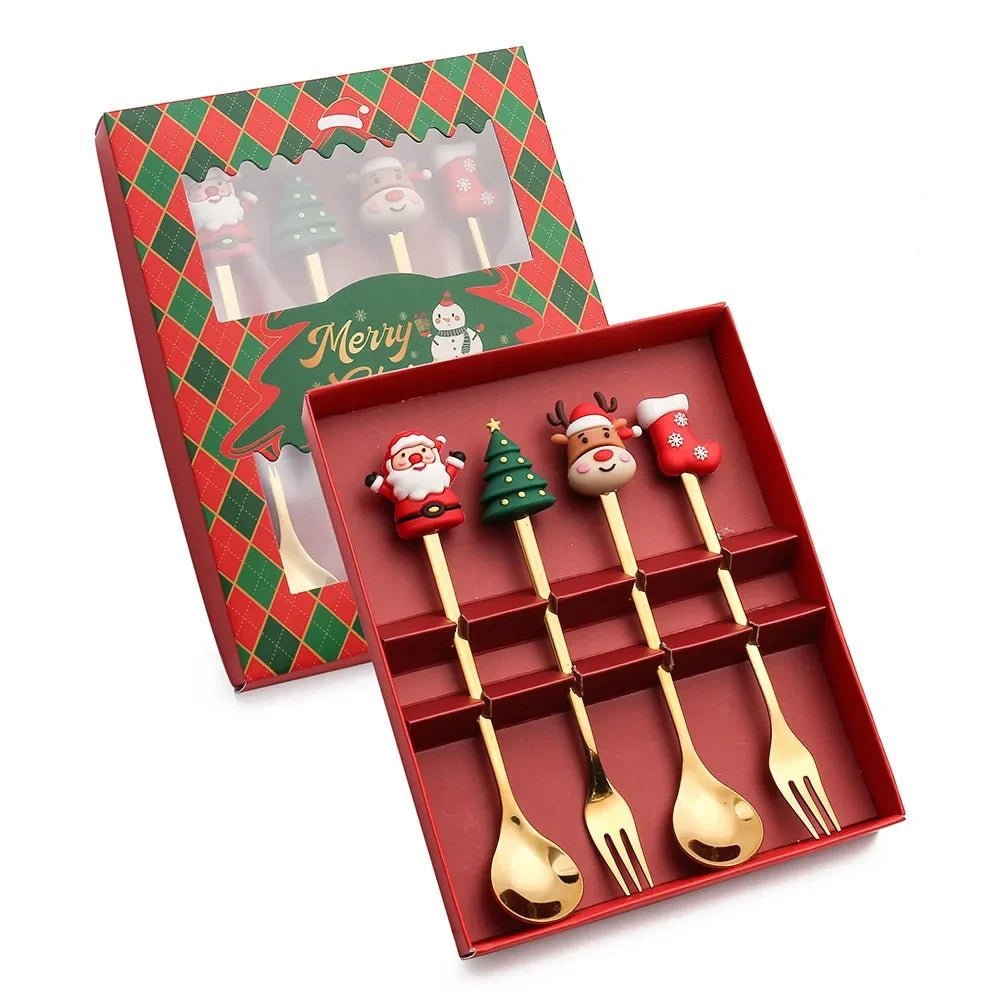 Christmas Teaspoons, Dessert Spoons, Dessert Forks, Stainless Steel Cutlery Set with Festive Tree and Santa Motifs_17