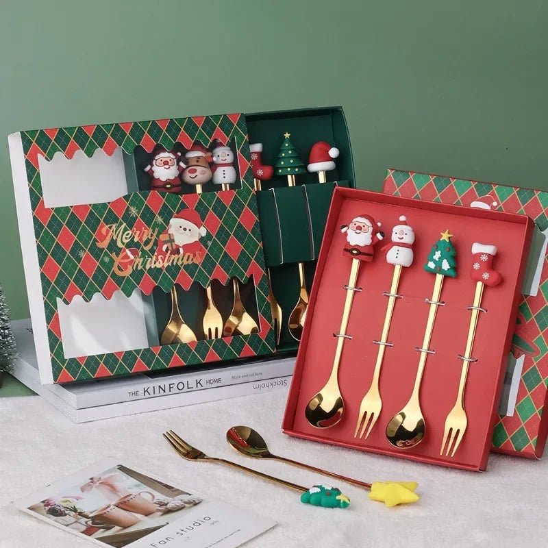Christmas Teaspoons, Dessert Spoons, Dessert Forks, Stainless Steel Cutlery Set with Festive Tree and Santa Motifs_01