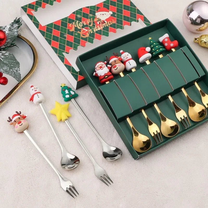 Christmas Teaspoons, Dessert Spoons, Dessert Forks, Stainless Steel Cutlery Set with Festive Tree and Santa Motifs_04
