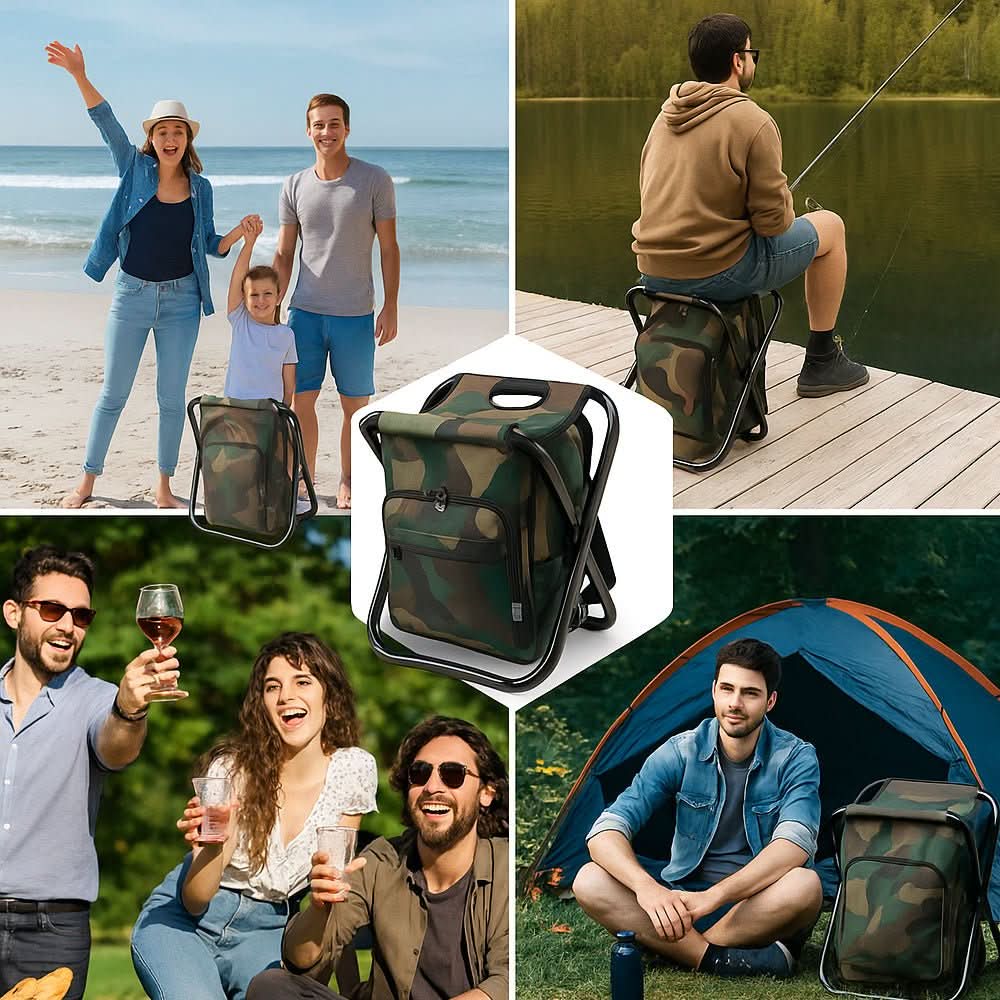 Camping Rucksack with Folding Chair and Cool Bag, Camping Chair Backpack for Fishing