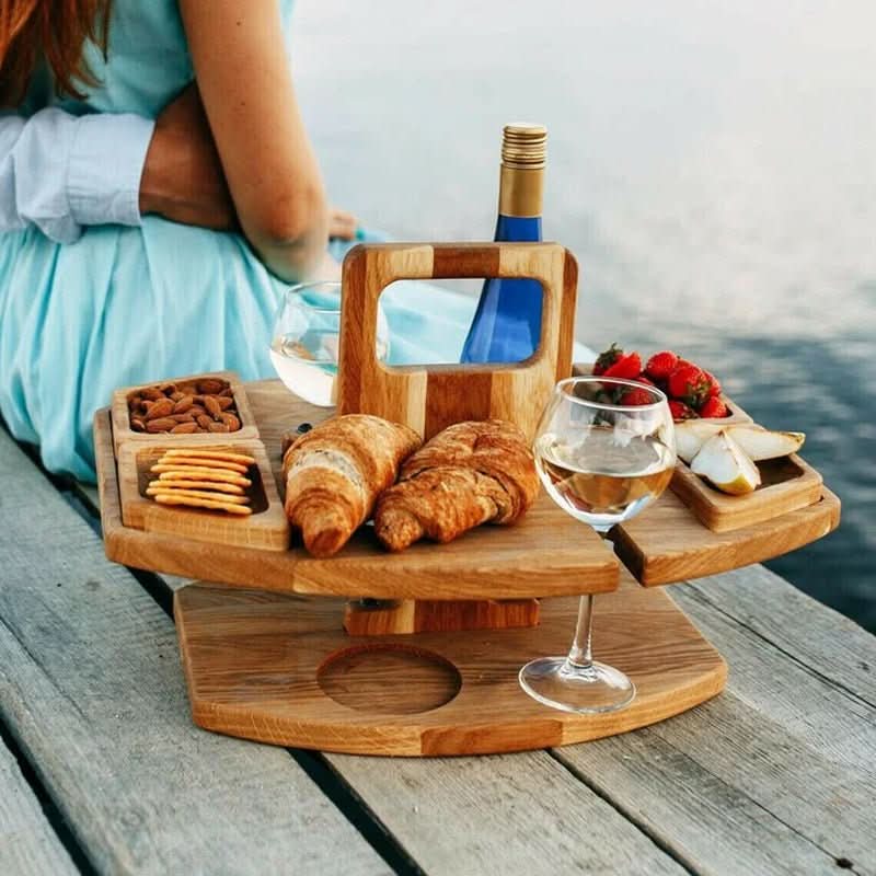 Portable Wooden Picnic Table, Foldable Wooden Table with Glass Holders and Snack Tray, Folding Picnic Table for Beach_02