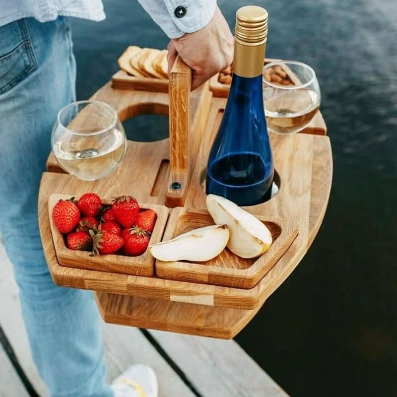Portable Wooden Picnic Table, Foldable Wooden Table with Glass Holders and Snack Tray, Folding Picnic Table for Beach_03