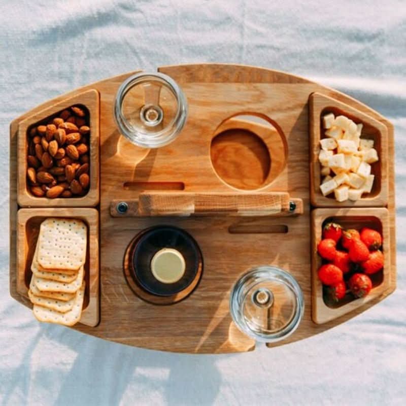 Portable Wooden Picnic Table, Foldable Wooden Table with Glass Holders and Snack Tray, Folding Picnic Table for Beach_04