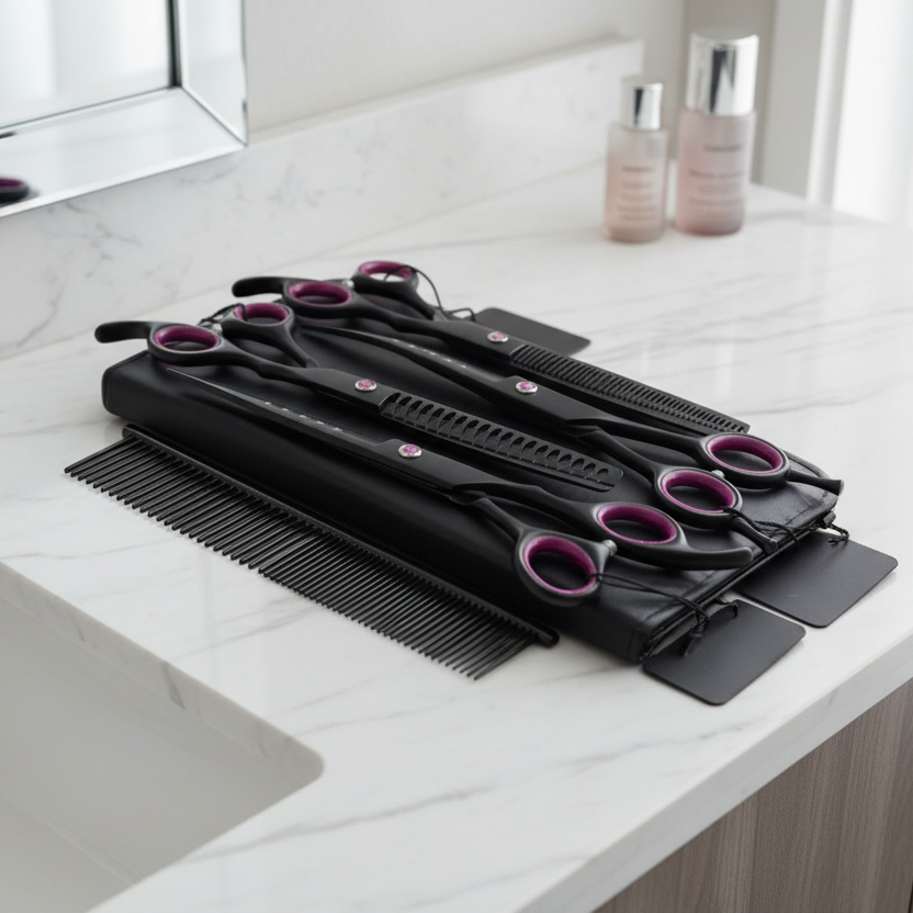 Dog Grooming Scissors Set, 4 Piece Pet Grooming Scissor Set with Thinning and Curved Shears, Dog Trimming Scissors_00