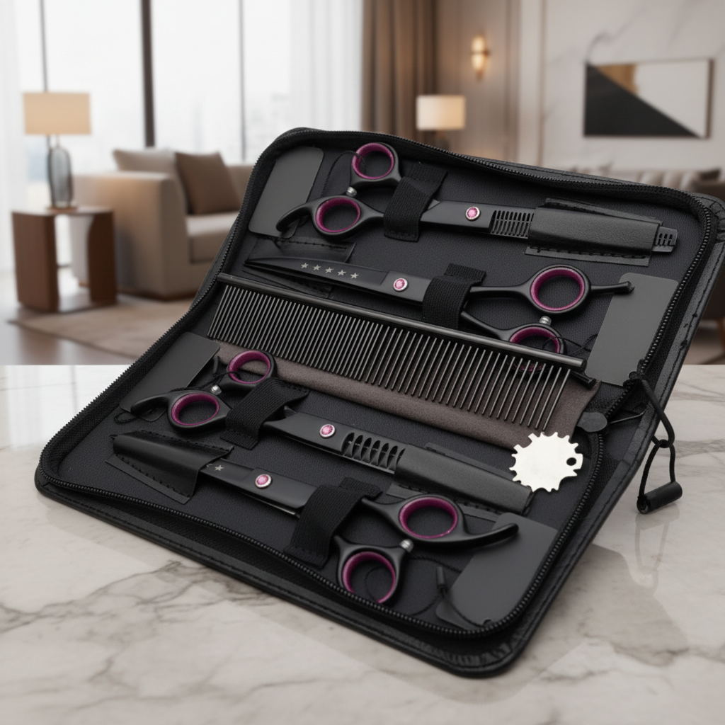 Dog Grooming Scissors Set, 4 Piece Pet Grooming Scissor Set with Thinning and Curved Shears, Dog Trimming Scissors_01