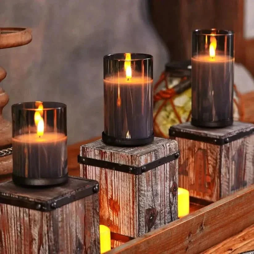 Battery Candles Set of 3, Fake Candles 10 to 25 cm Tall, Battery Operated Candles in Gold, Grey or Clear for Home Decor_02