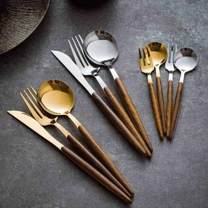 Cutlery Sets for 4 People, 16 Piece Stainless Steel Cutlery Set with Wood Handles, Gold Cutlery Set with Storage Box_05
