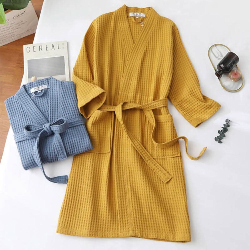 Ladies Dressing Gown, 100% Cotton Waffle Dressing Gown Women, V Neck Bath Robe with Pockets_03