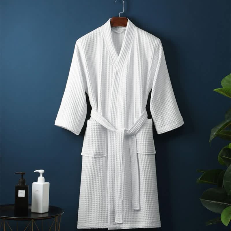 Ladies Dressing Gown, 100% Cotton Waffle Dressing Gown Women, V Neck Bath Robe with Pockets_08