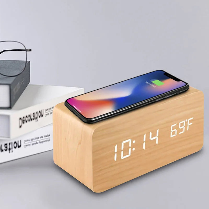 Wooden Digital Alarm Clock with Wireless Charging & Temperature Display | Multifunctional Design for Home & Office