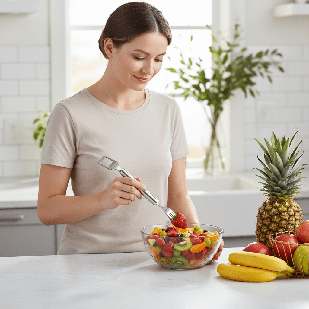 Fruit Slicer with Fork, Stainless Steel Fruit Cutter with Container, Portable Kitchen Gadget for Home and Travel_01