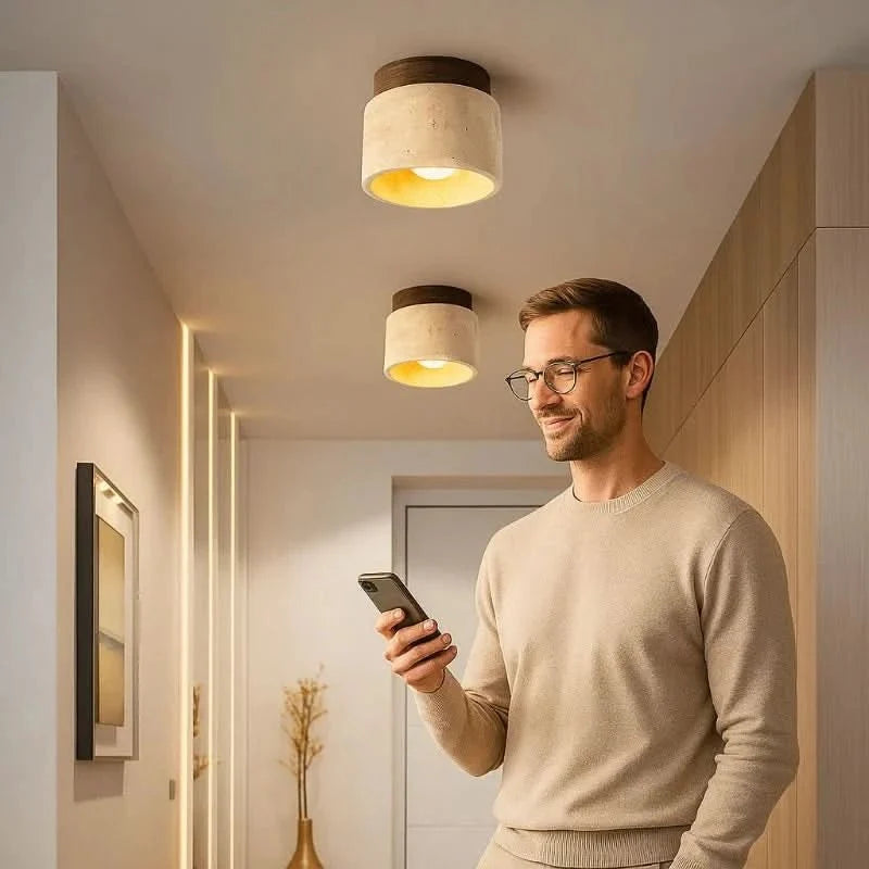 Wooden Ceiling Lights, LED Ceiling Light for Hallway and Bedroom, Minimalist Wood Lamp with Warm White Bulb