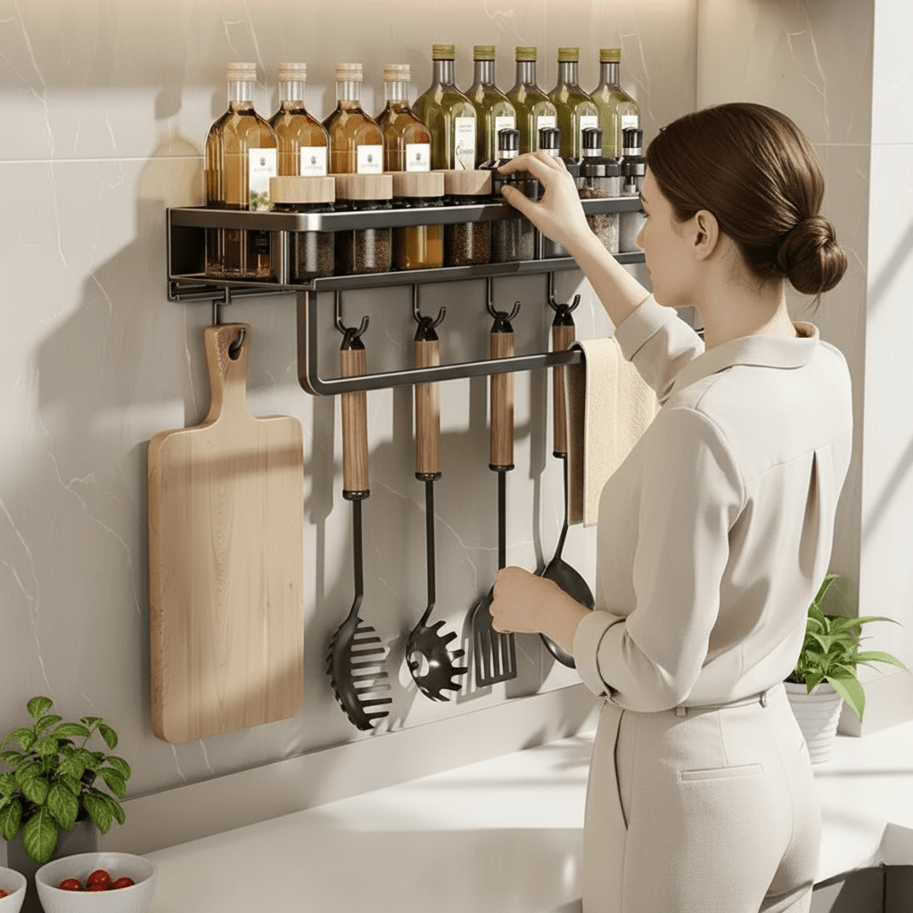 Kitchen Wall Shelf, Spice Rack Wall Mounted, Black Metal Kitchen Shelves 30 40 or 50 cm with Optional Hook Rod