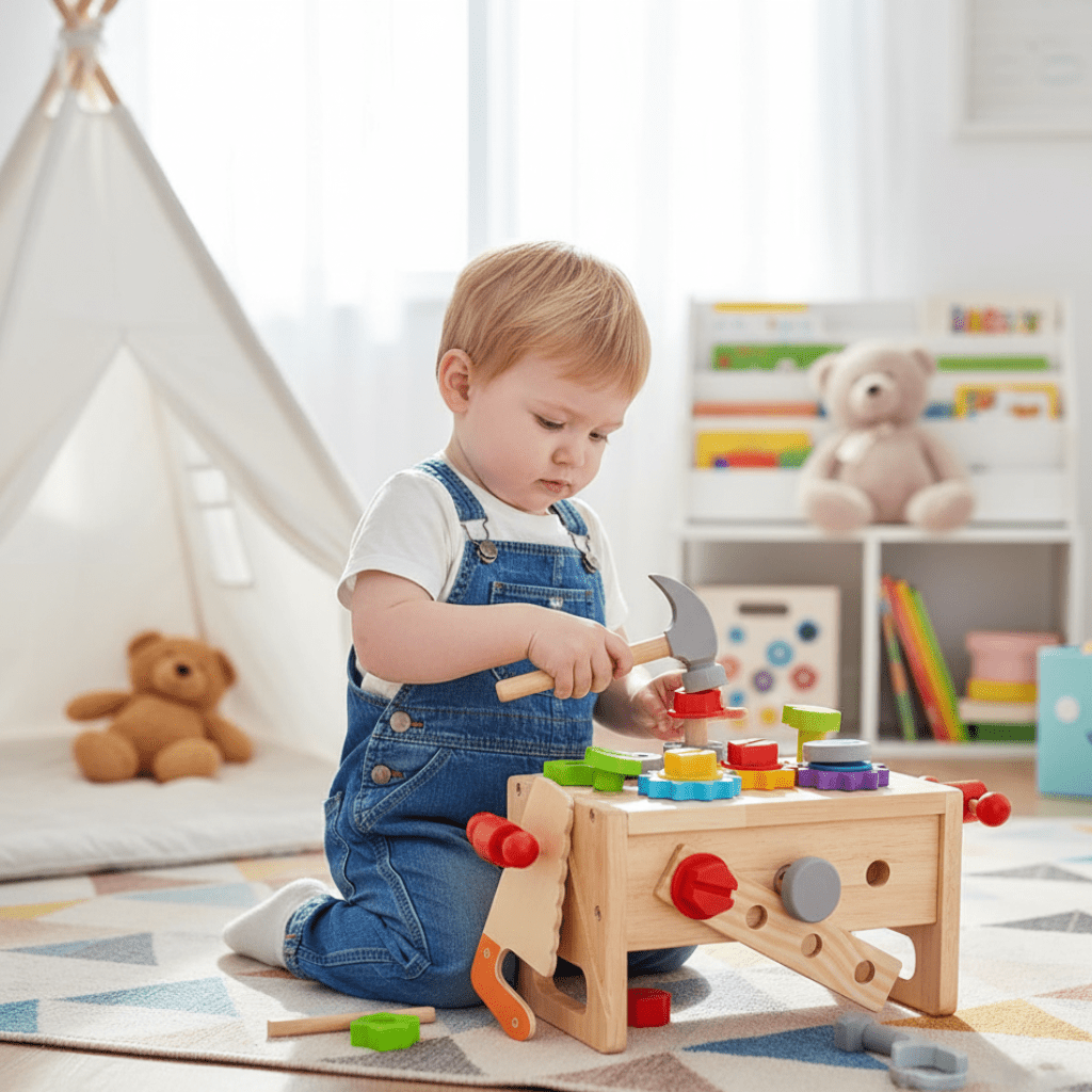 Wooden Workbench, Wooden Tool Box with Tools and 29 Piece Tool Set, Wooden Toys for Hammering, Construction Toys