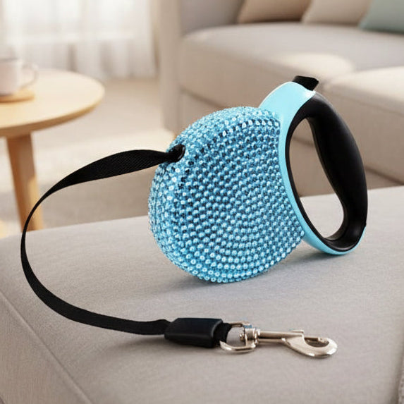 Retractable Dog Lead 3 m with Rhinestones, Extendable Dog Lead for Small Dogs, Cat Lead in Blue or Pink